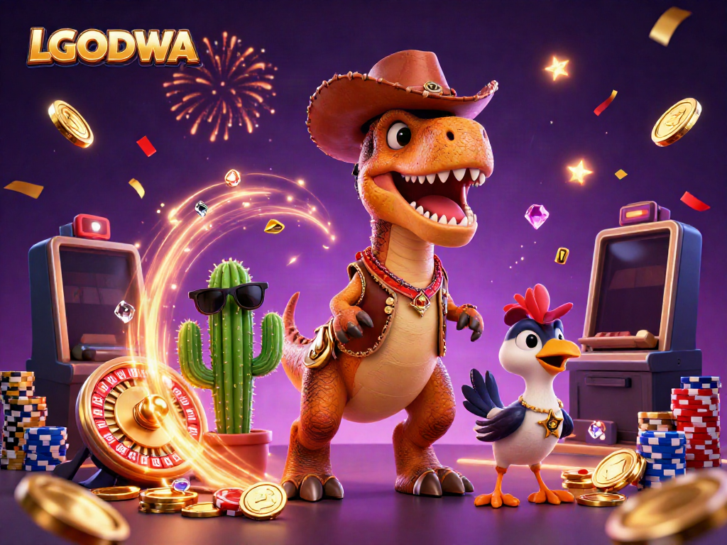 Join the fun at LGODEWA with vibrant T-Rex and friends celebrating casino wins.