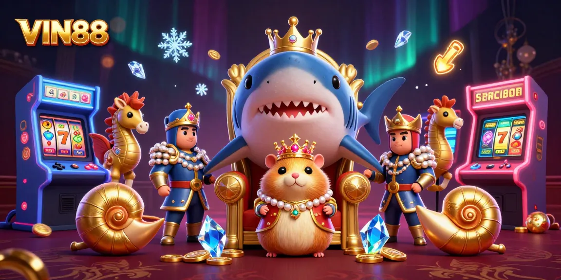 Engage in thrilling action with VIN88's casino games featuring a golden hamster king on a majestic throne.
