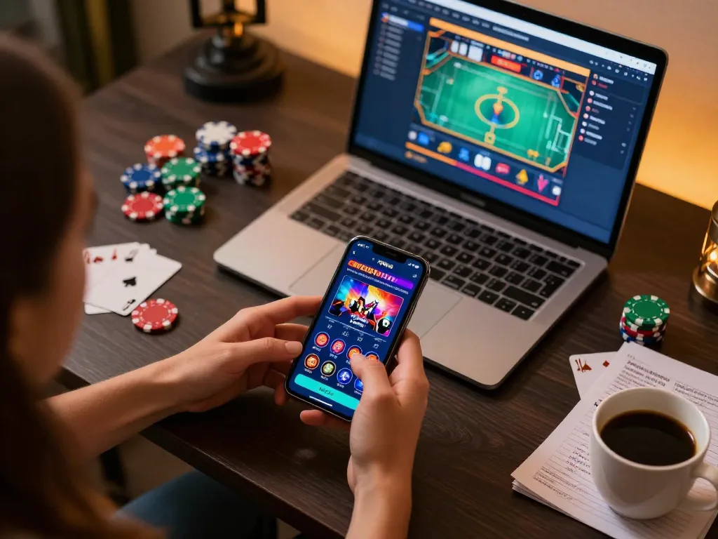 Engage in Link vào chơi 79king with a smartphone showcasing online betting options and a cozy gaming setup