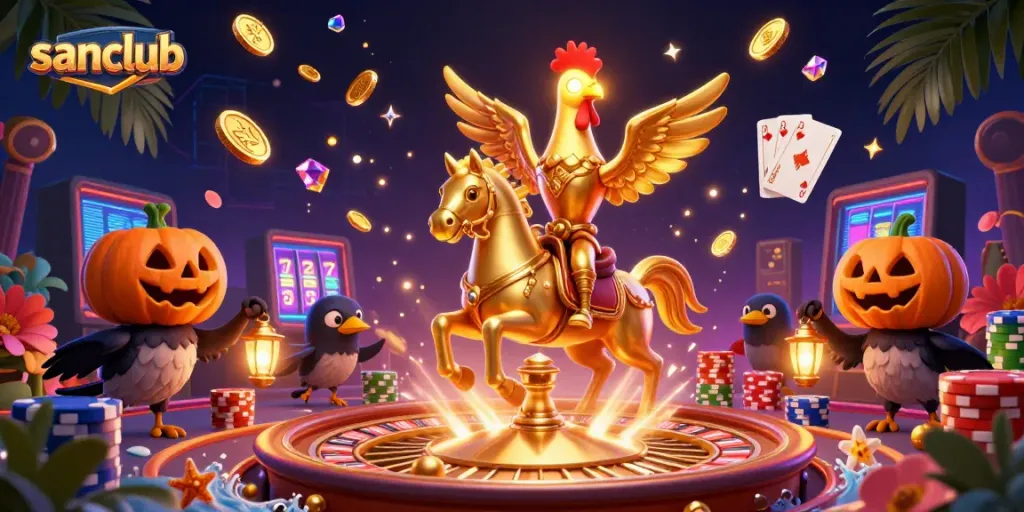 Sanclub illuminates the night casino with golden rooster's mystical presence and vibrant game elements.