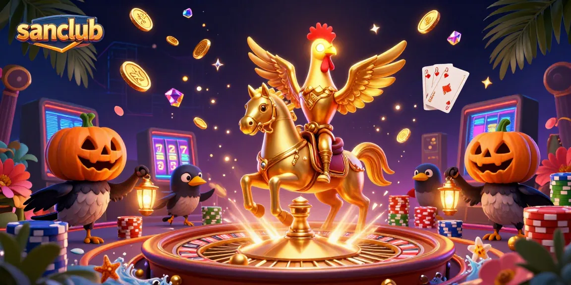 Sanclub illuminates the night casino with golden rooster's mystical presence and vibrant game elements.