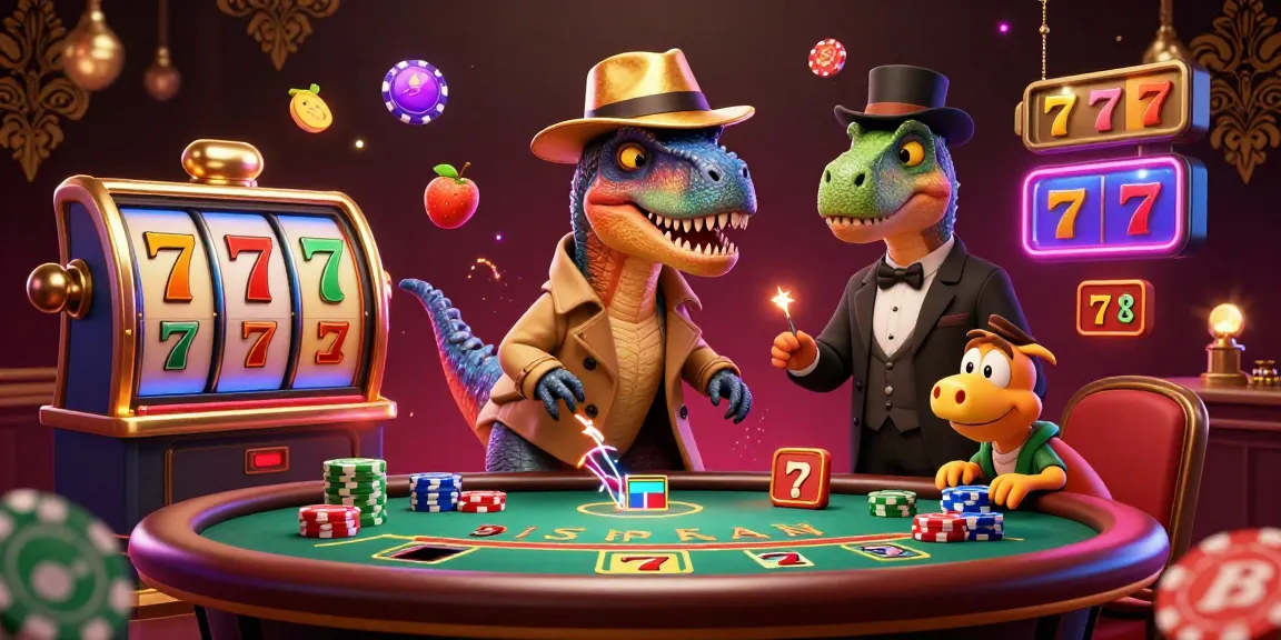 Hitclub velociraptor card counter sneaking at a blackjack table in a vibrant gambling scene.