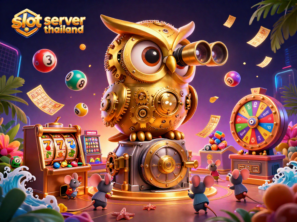 Engage in slot server Thailand gaming with a whimsical scene of a golden owl and playful mice among colorful casino elements.
