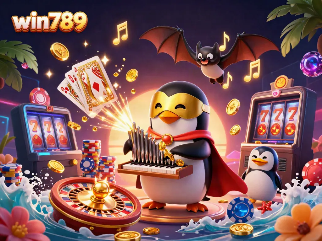 Experience the excitement of win789 with a lively casino scene featuring a penguin organist and a spinning roulette wheel.