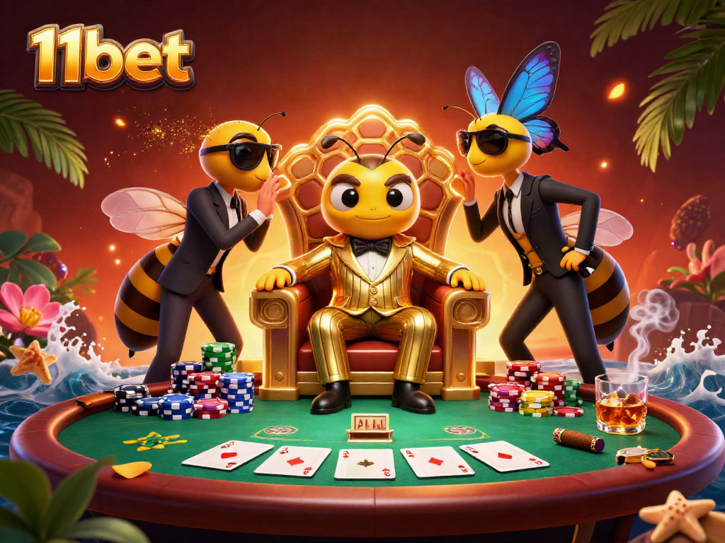 Experience thrilling poker action with 11bet's animated casino scene featuring a bumblebee mob boss.