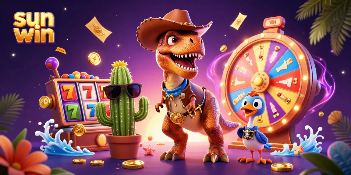 Join the excitement at sun win with a thrilling cartoon scene featuring a T-Rex and jackpot elements.
