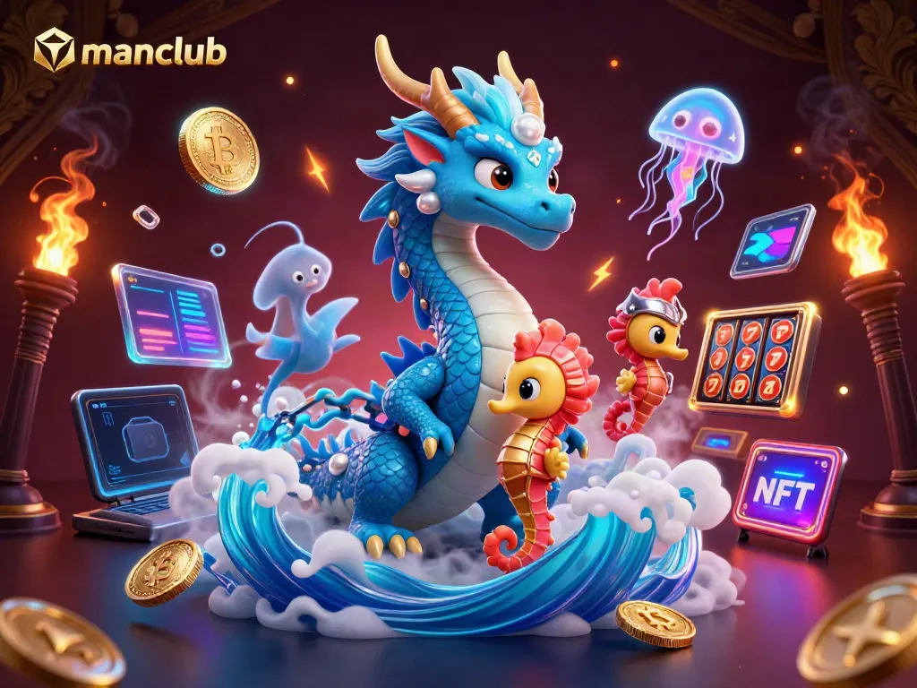Experience thrilling gameplay at Manclub with a vibrant dragon, knight, and jellyfish realm.