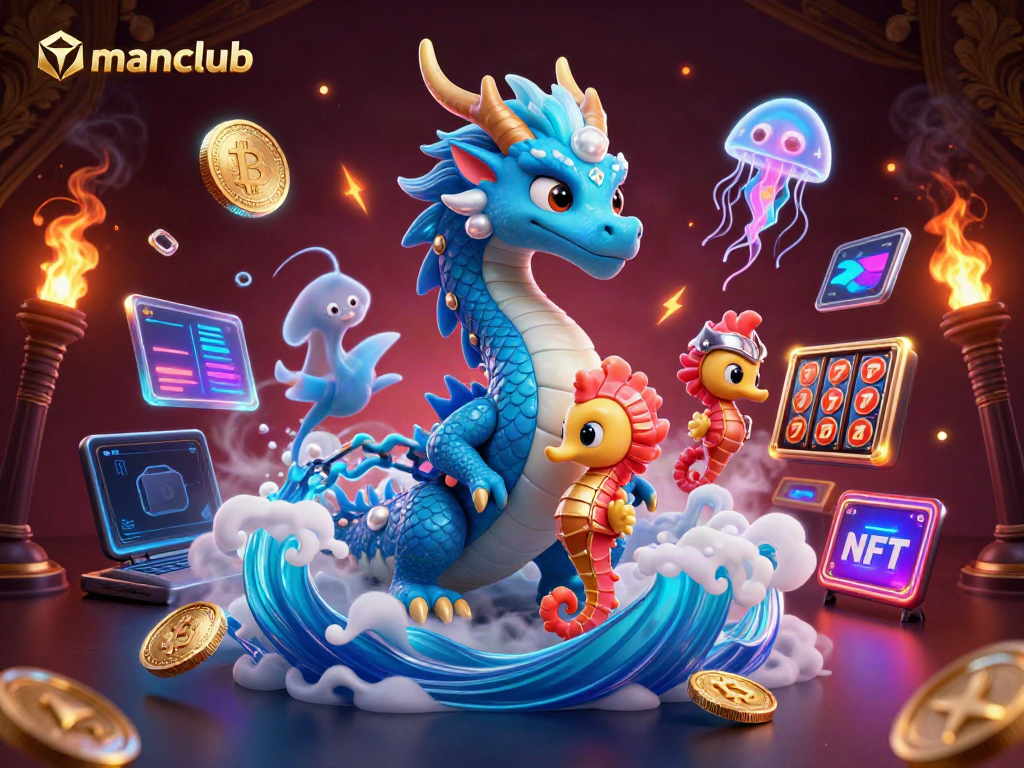 Experience thrilling gameplay at Manclub with a vibrant dragon, knight, and jellyfish realm.