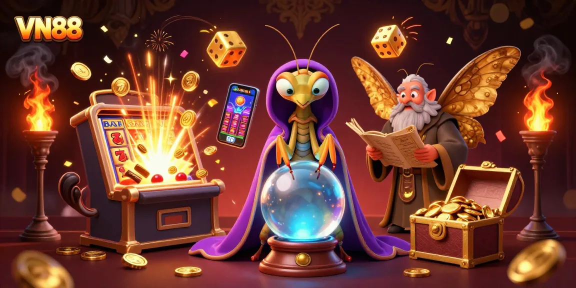Immerse in VN88's vibrant casino world with a dynamic 3D illustration showcasing fortune tellers, jackpots, and gaming excitement.