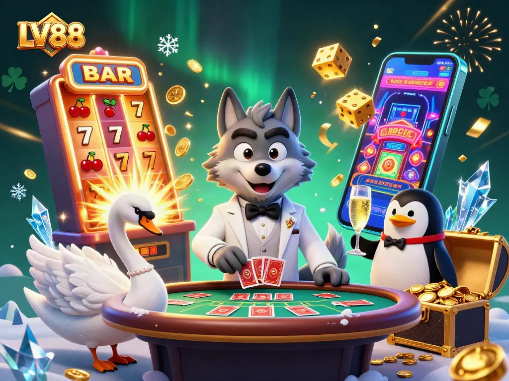 Experience the thrill of LV88 with a vibrant 3D casino scene featuring games and excitement.