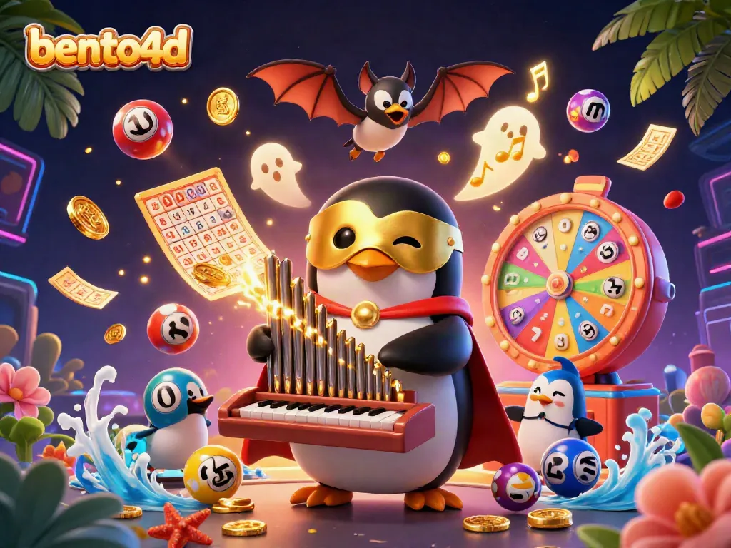Bento4D showcases a vibrant casino scene with a penguin playing organ amidst golden coins and lottery balls.