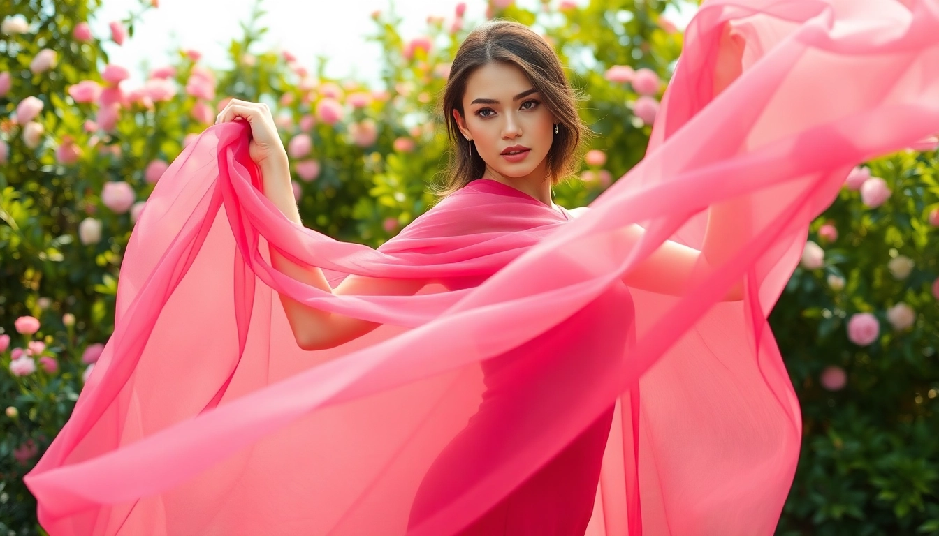 Elegante chiffon stof in een tuinsetting met kleurrijke bloemen en natuurlijke verlichting.