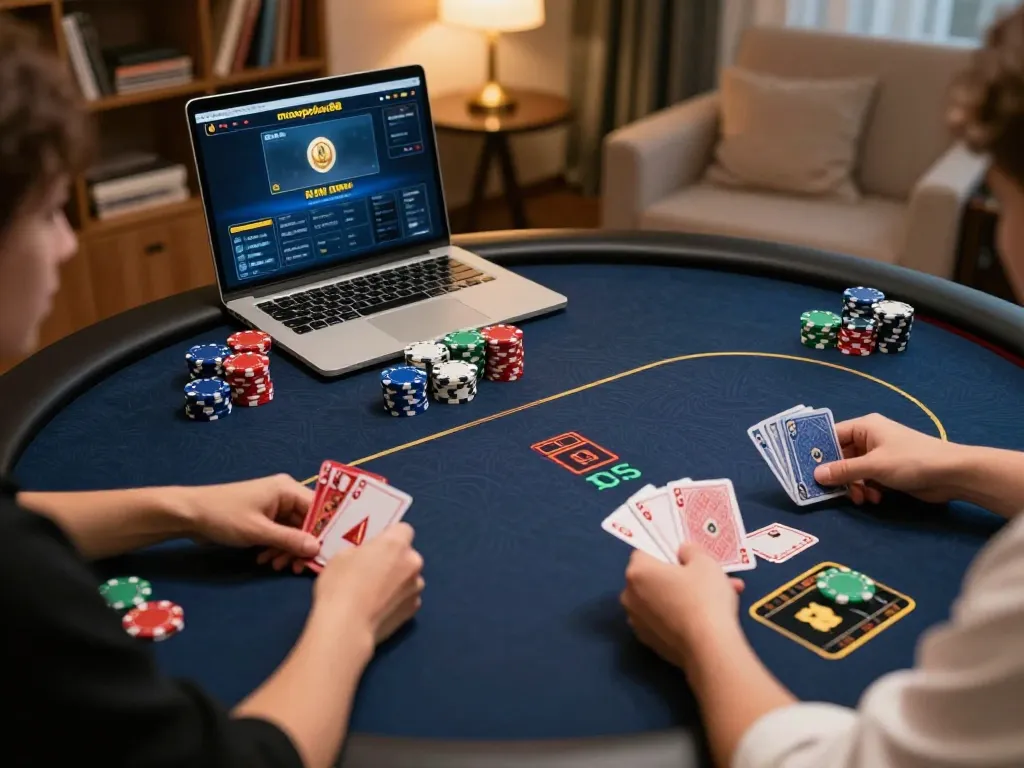 Players enjoy strategic poker gameplay on maxpoker88 platform, capturing an engaging home gaming atmosphere.