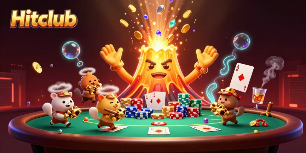 Hitclub volcano erupting coins and treasure amidst a vibrant poker scene