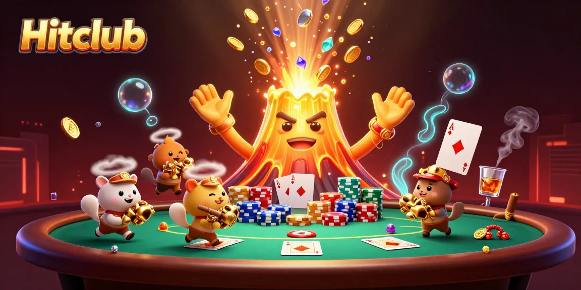 Hitclub volcano erupting coins and treasure amidst a vibrant poker scene