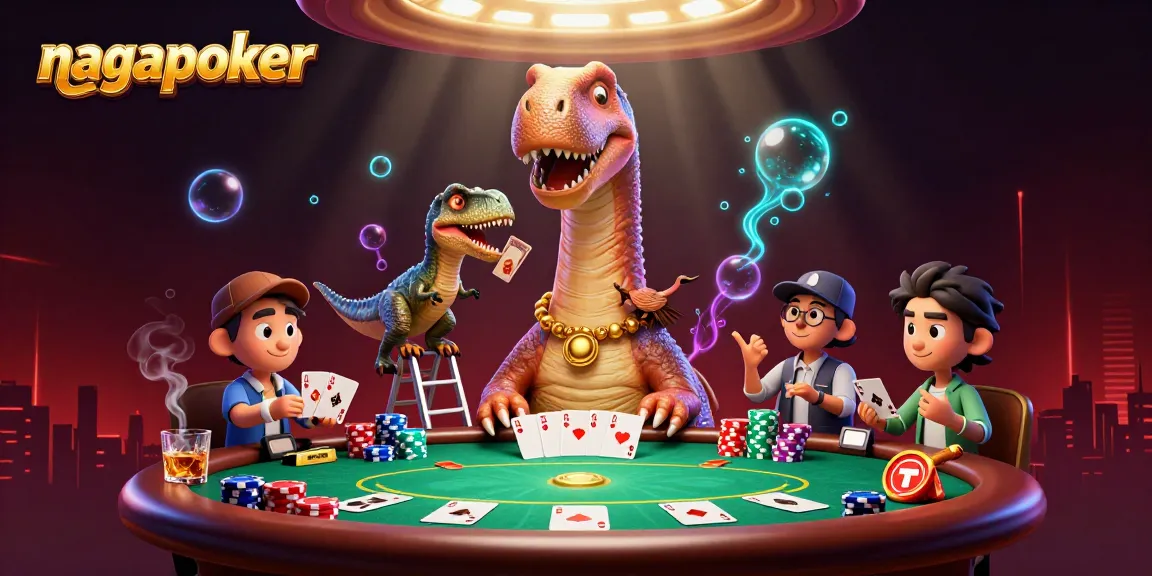 Experience thrilling gambling action with nagapoker at a vibrant cartoon casino scene featuring giant dinosaurs and poker games.