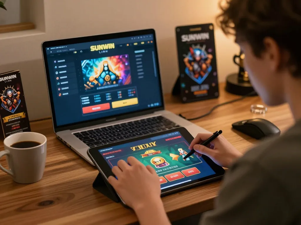 Player engaging with the SUNWIN LINK online casino on a tablet, in a cozy home setting.