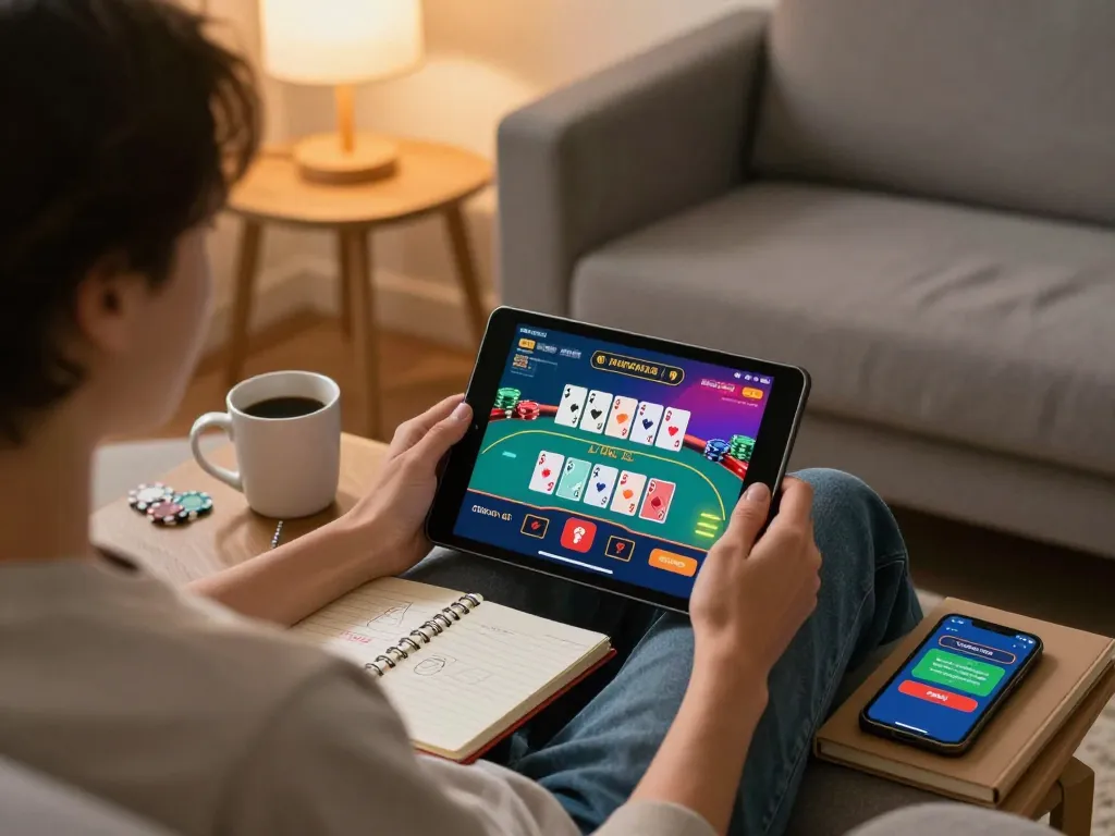 Person enjoying ALO8 online casino gaming on a tablet with strategic notes nearby.