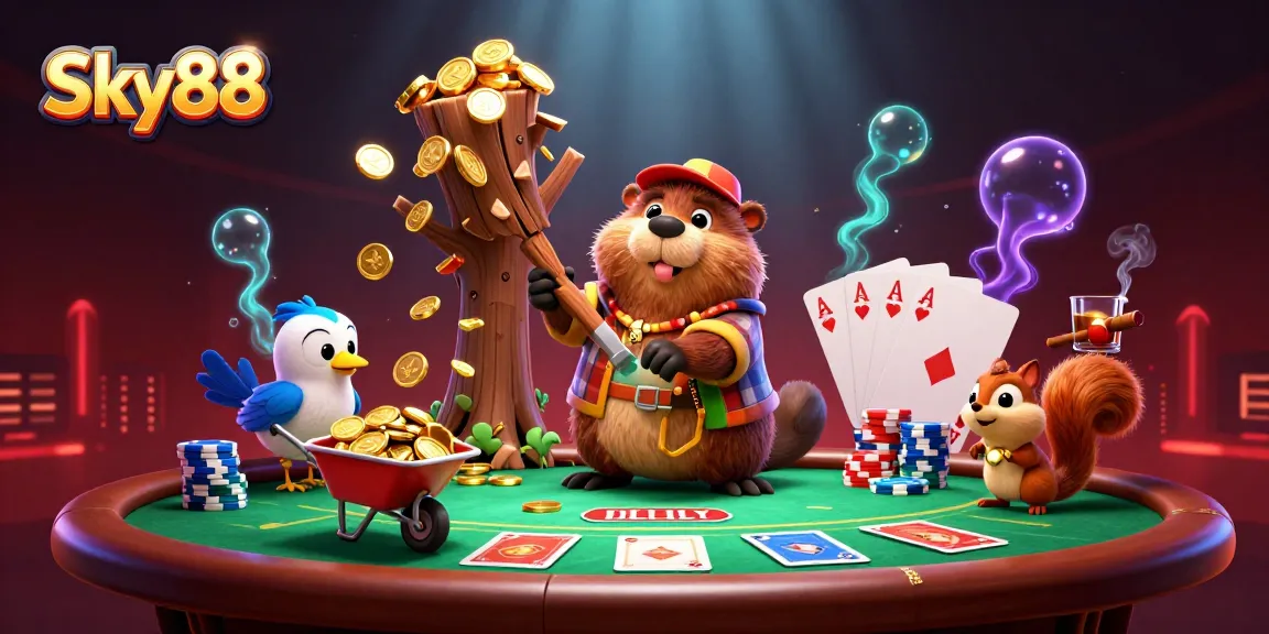 Experience thrilling gameplay at Sky88 with a 3D illustration of vibrant casino action.