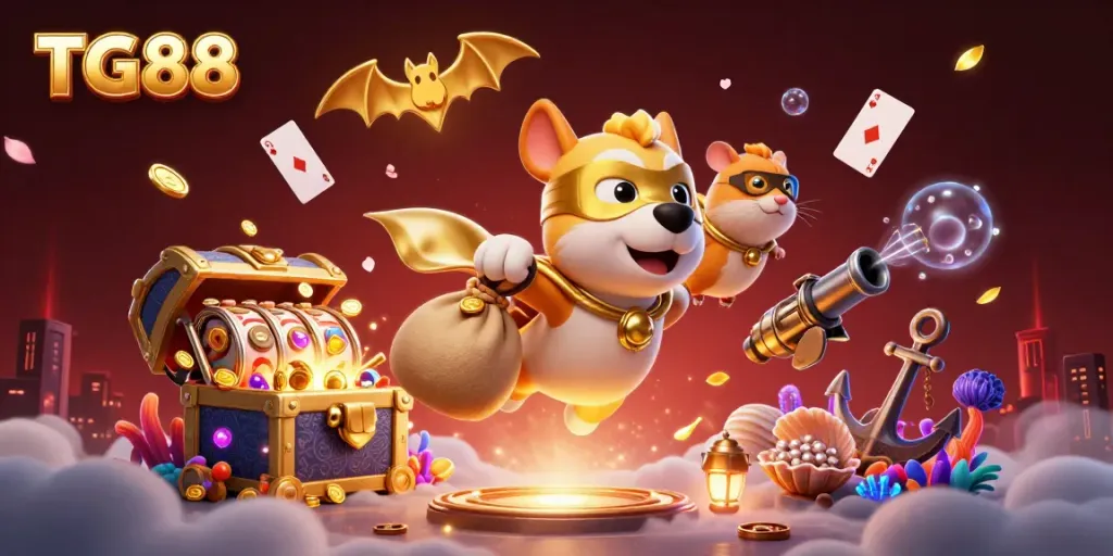 Experience TG88 online gaming excitement with a superhero dog and hamster amidst shimmering casino treasures.