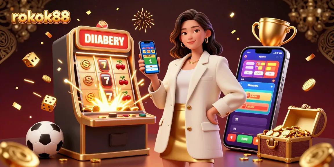 Engage with rokok88's vibrant gaming experience, showcasing a smiling woman using a sports betting app amid 3D casino elements.