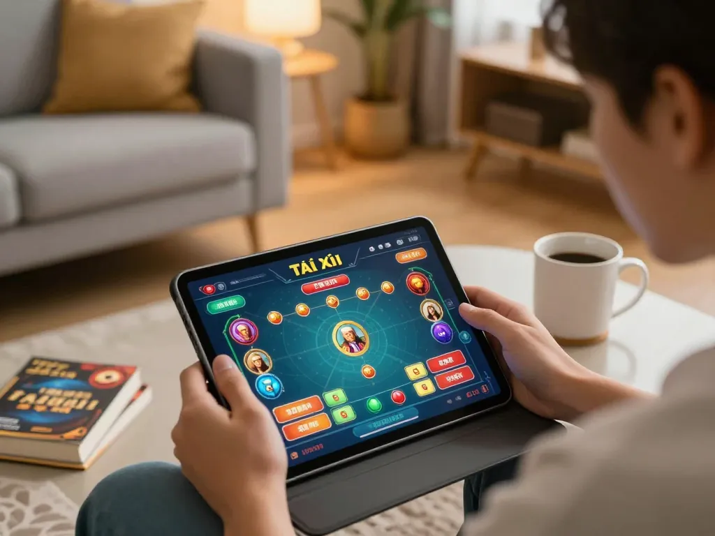 Engaged player using taixiuonline8 on tablet in cozy home setting, showcasing strategic online gambling.