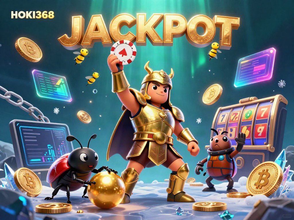 Join the HOKI368 slot adventure with victorious characters amidst vibrant casino elements.