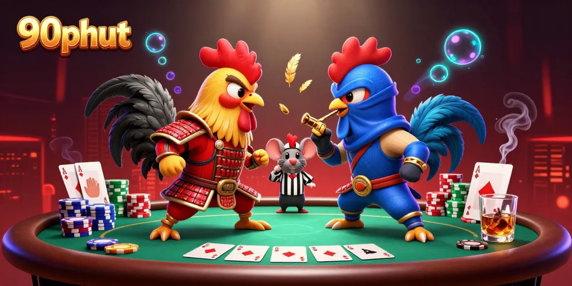 90phut showcases cartoon roosters competing in a dramatic poker showdown with vibrant casino elements