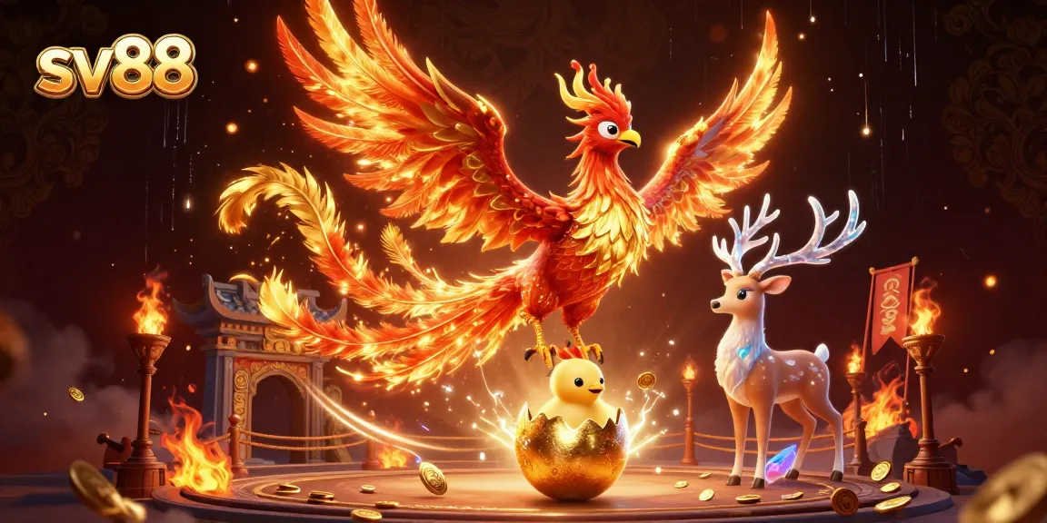Engage with sv88's thrilling atmosphere, featuring a phoenix, a baby chick, and a mystical stag in a rich casino environment.