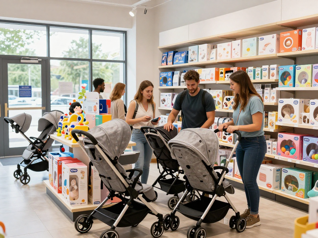 Shoppers exploring baby products at rokok88 e-commerce retail showroom, highlighting brand variety and customer engagement.