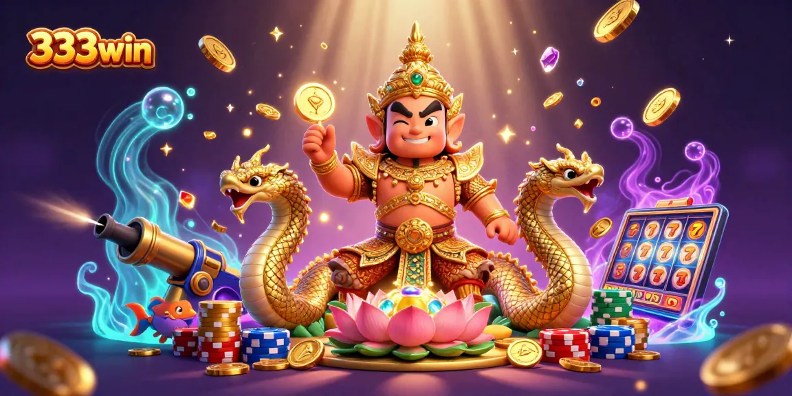 Experience thrilling gameplay with 333win, as the yaksha guardian and Naga serpents celebrate big wins amidst vibrant casino elements.