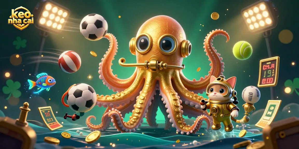 Engage in thrilling keo nha cai with the colossal kraken and a vintage diving cat in this vibrant casino scene.