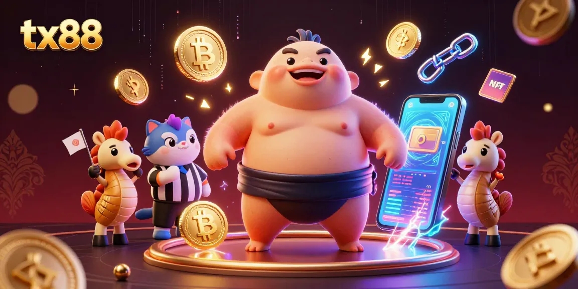 Bet on tx88! Colorful 3D scene of fugu, catfish, and seahorses celebrating crypto wins.