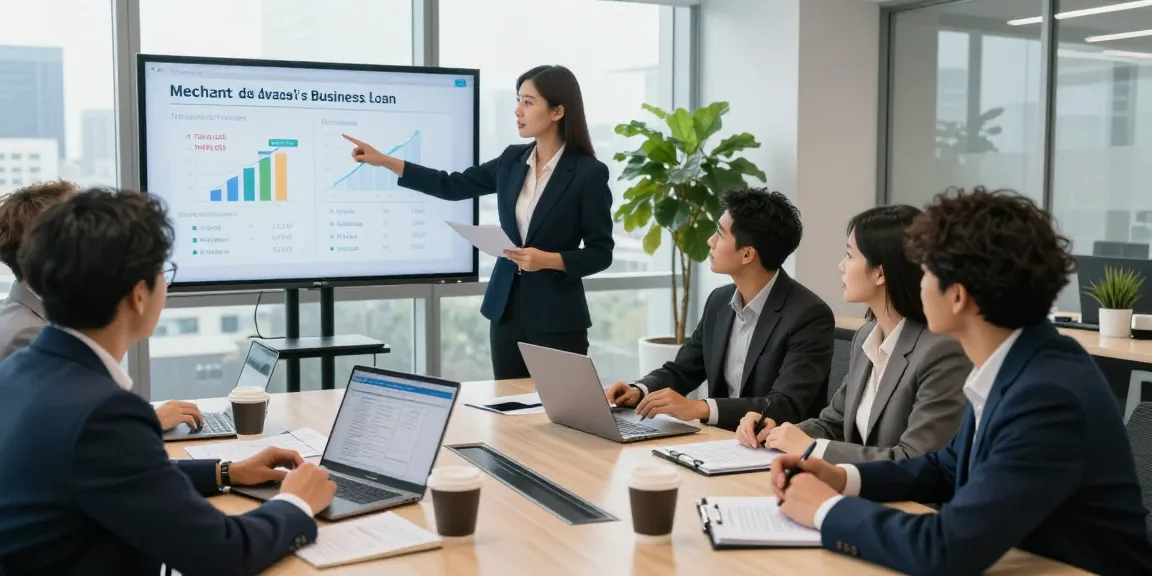 Exploring merchant cash advance vs business loan in a vibrant financial consulting office with a diverse team discussing strategies.