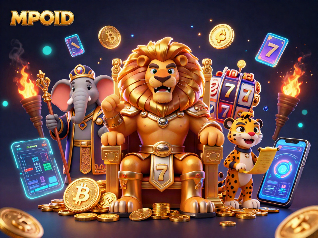 Engage with MPOID's vibrant online casino realm featuring a lion king, elephant advisor, and cheetah messenger.