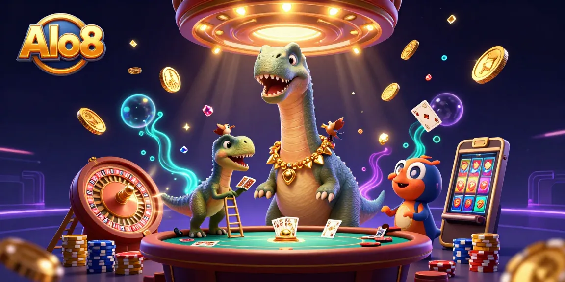 Experience thrilling gameplay at Alo8 with a giant cartoon dinosaur overseeing the casino action.
