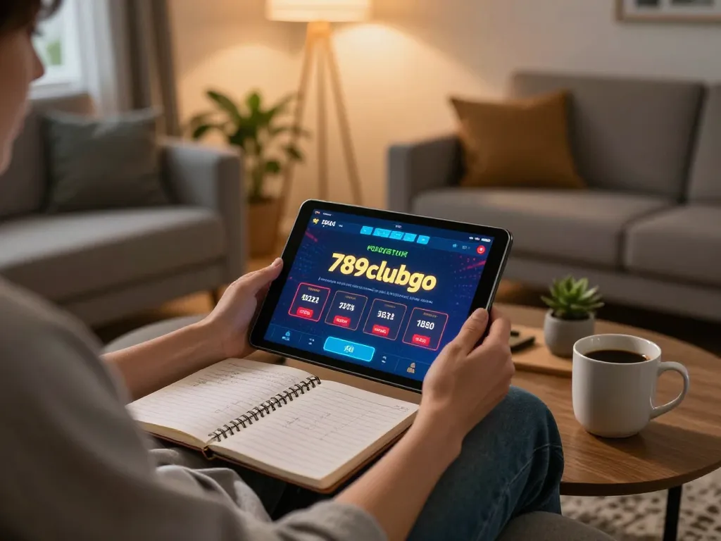 Engaging online gaming experience with 789clubgo app on tablet in warm home setting