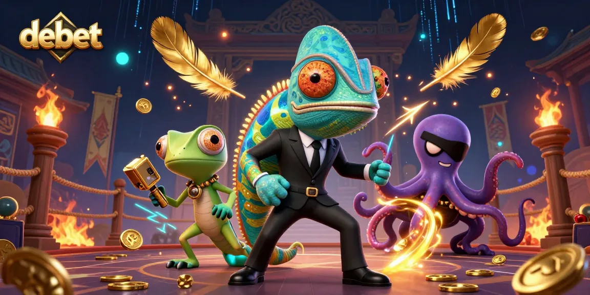 Bet with debet: A thrilling illustration featuring a colorful chameleon, tech-savvy gecko, and villainous octopus in a vibrant casino scene.