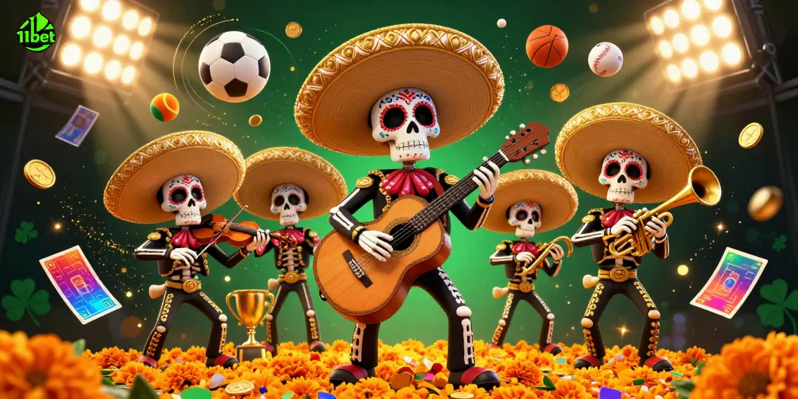 Experience thrilling gaming with 11bet and animated Day of the Dead skeletons celebrating.