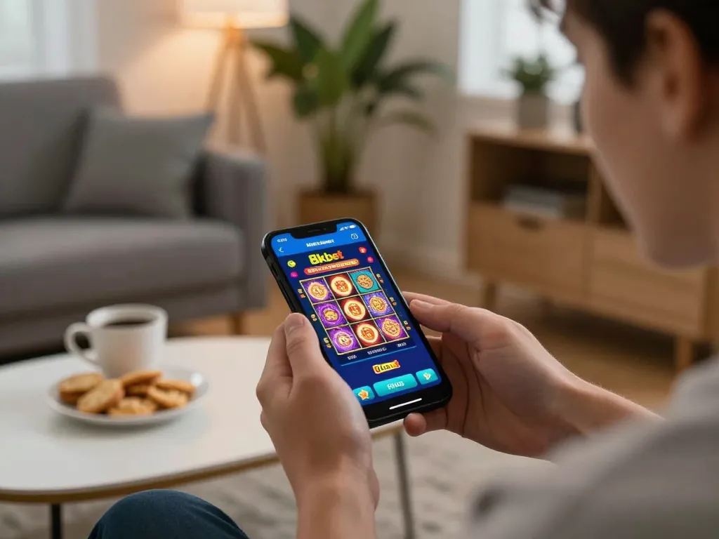 Player enjoying mobile casino games on 8kbet app in cozy living room setting.