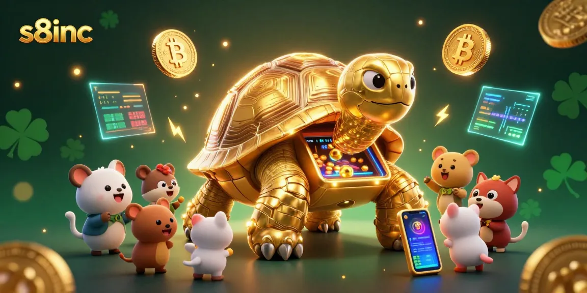 Engage with s8inc's vibrant gaming scene featuring golden tortoise and crypto coins.