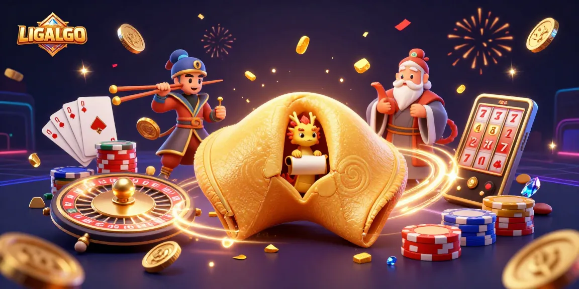 LIGALGO's vibrant casino scene showcases a wise dragon, golden cookie, and gaming elements.