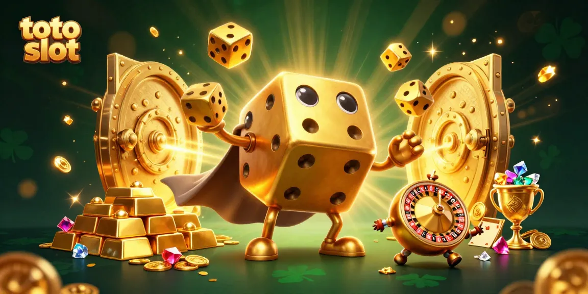 Experience the thrill of toto slot as golden dice juggle amidst treasures and sparkling gems.