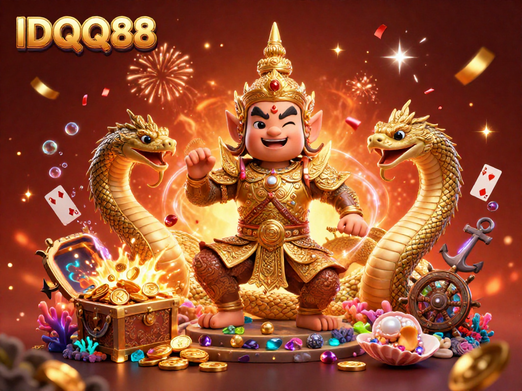 IDQQ88 offers stunning casino visuals featuring a Thai guardian, Naga serpents, and dynamic game symbols.