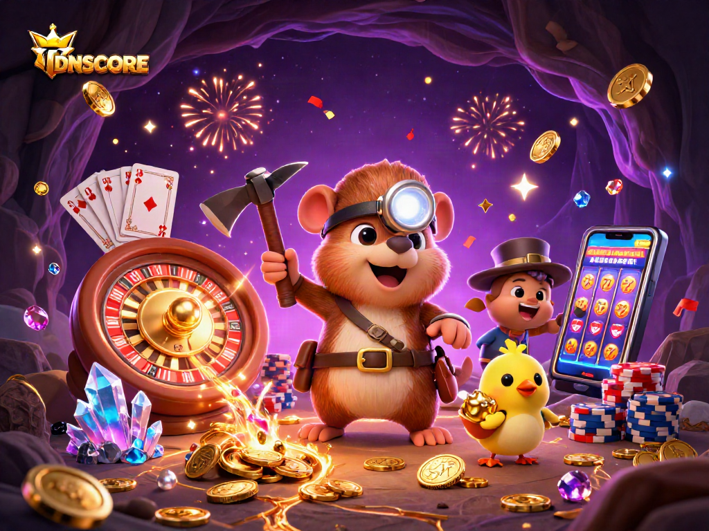 Experience gaming excitement with IDNSCORE, featuring a lucky mole and golden treasures.