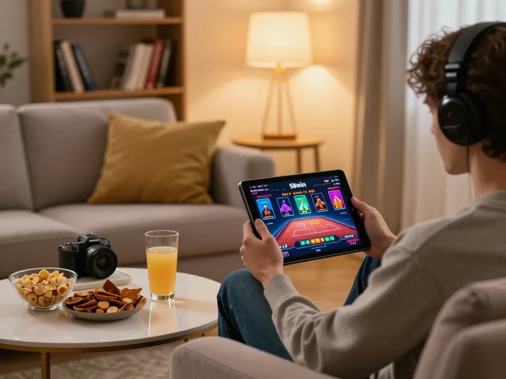 Player enjoying 58wiin's live dealer casino app at home, showcasing responsible gaming