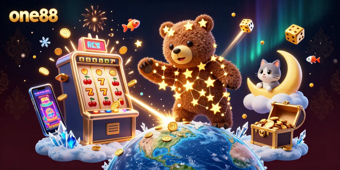 Experience thrilling gaming at one88 with 3D cartoon constellation bear surrounded by vibrant casino elements.