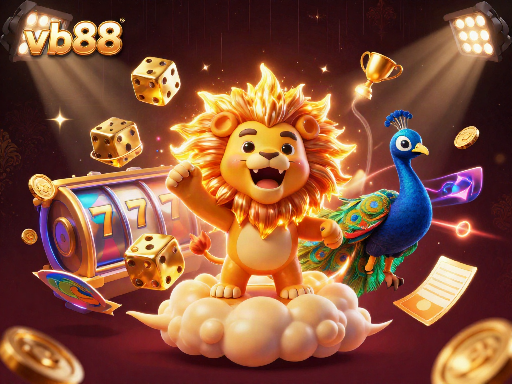 Spin to win at vb88 with the roaring sun lion amidst vibrant casino elements and jackpots.