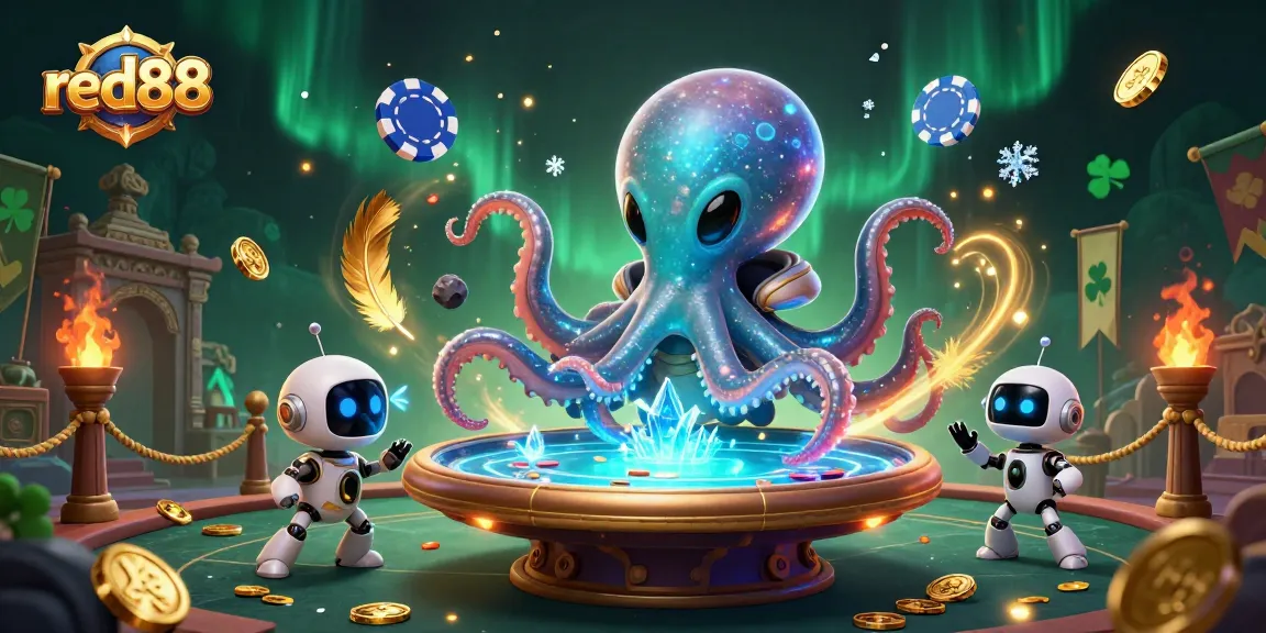 Engage with red88 as a cartoon alien octopus operates a holographic poker table in a vibrant scene.