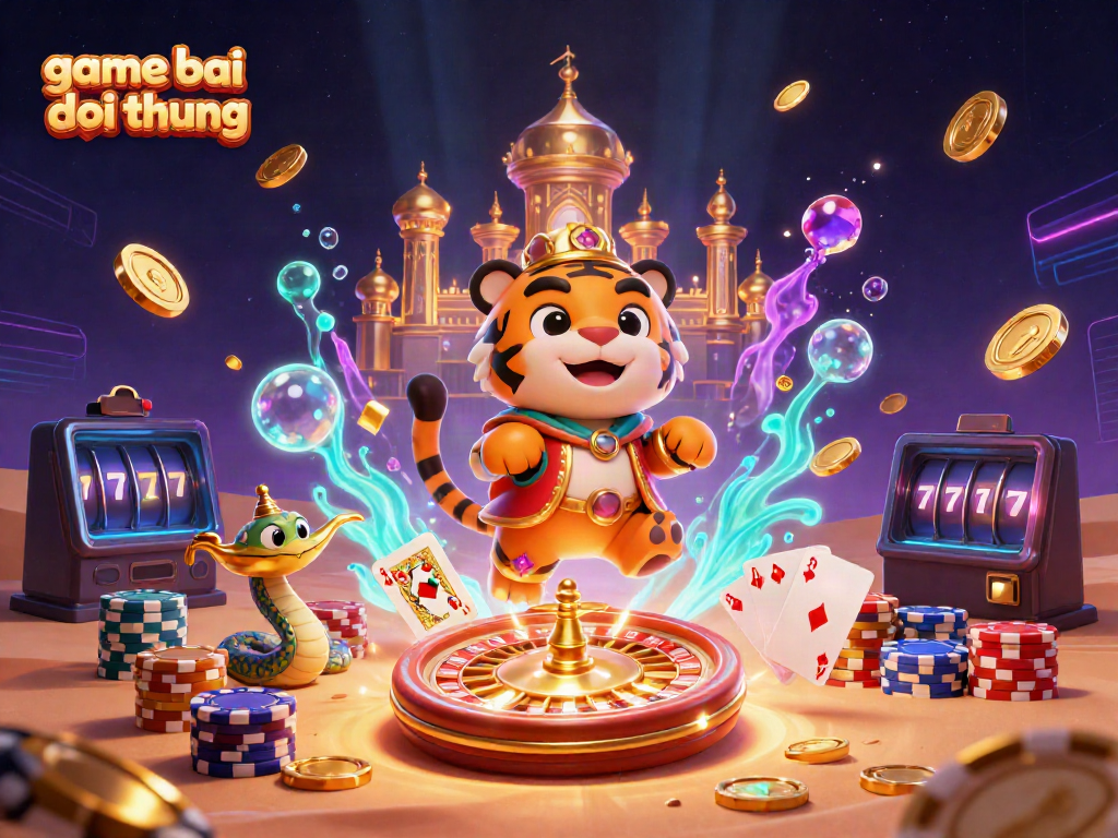 Experience game bai doi thuong with an enchanting 3D scene of a tiger sultan on a flying carpet amidst casino elements.